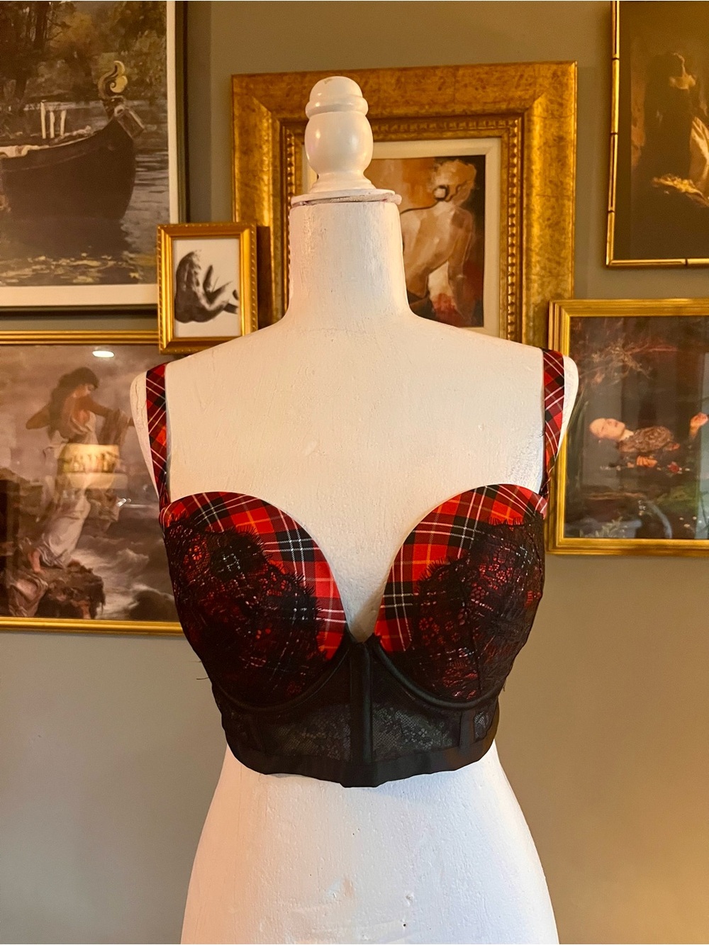 Plaid Lace Longline Balconette Bra - Red Plaid